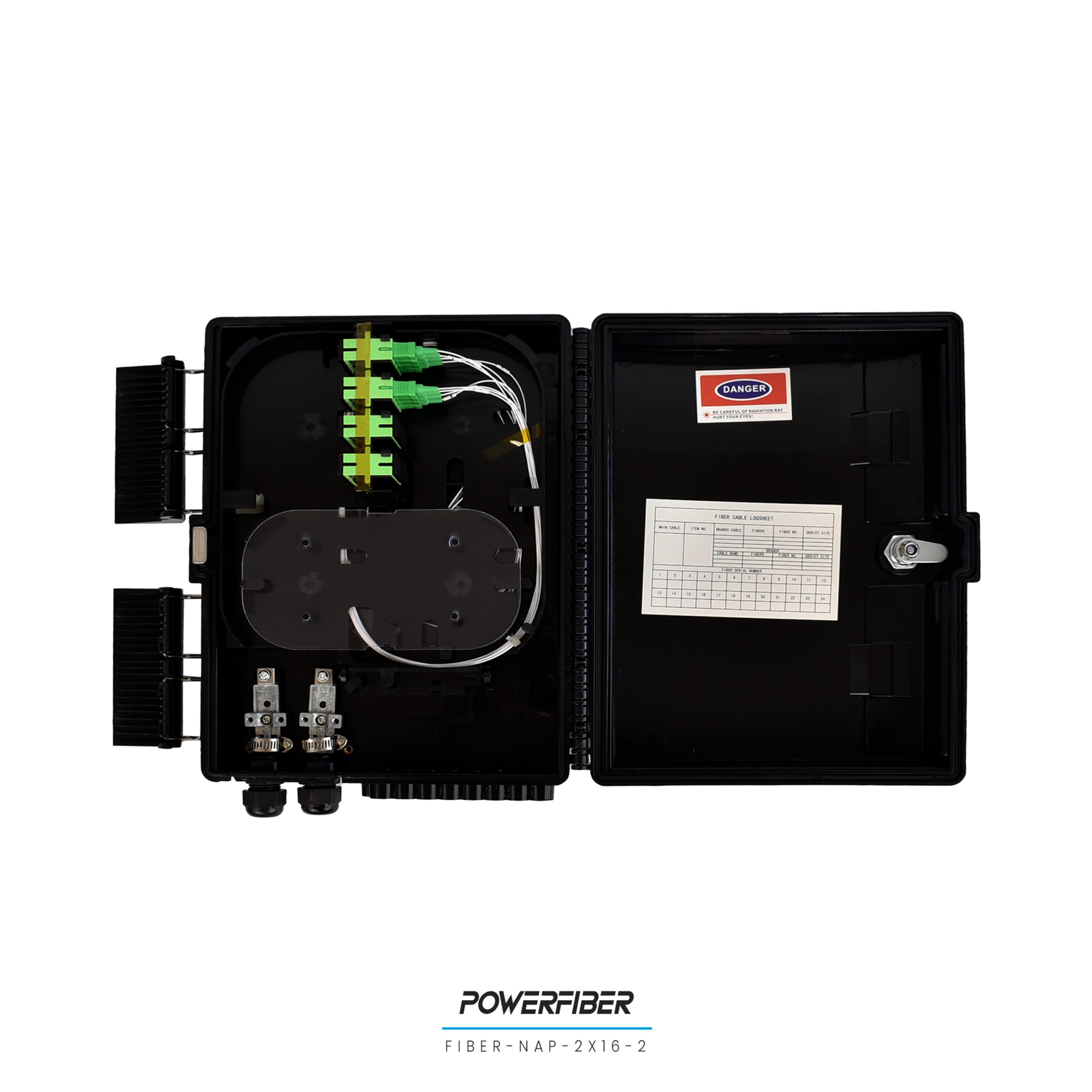 POWERFIBER CAJA EXTERIOR FTTH 2X16 CON SPLITTER 1X8 CONECTOR SC/APC + 16 ADAPTADORES - Imagen 4